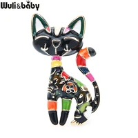 wulibaby flower enamel cat brooches women 2 color designer style cat animal office casual brooch pins gifts