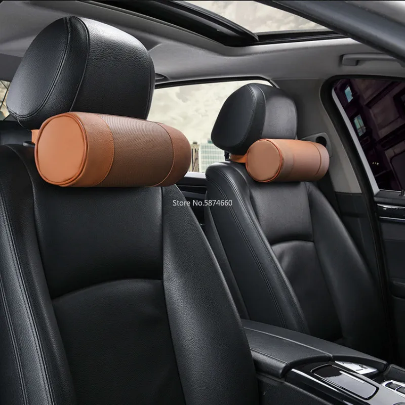

Genuine Leather Head Support Pad Travelling Comfortable Car Seat Neck PU Pillow Auto Head Rest Cushion cylinder Neck Protection