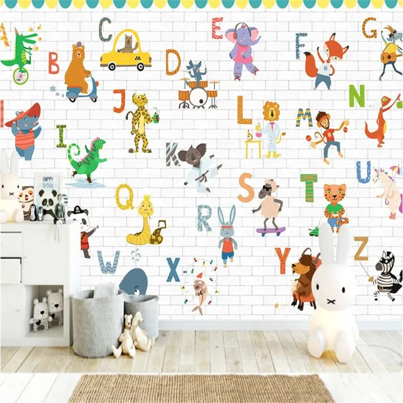 

Настенные 3D-обои на заказ, скандинавский рисунок животных из мультфильмов, Английский алфавит, фон для детской комнаты