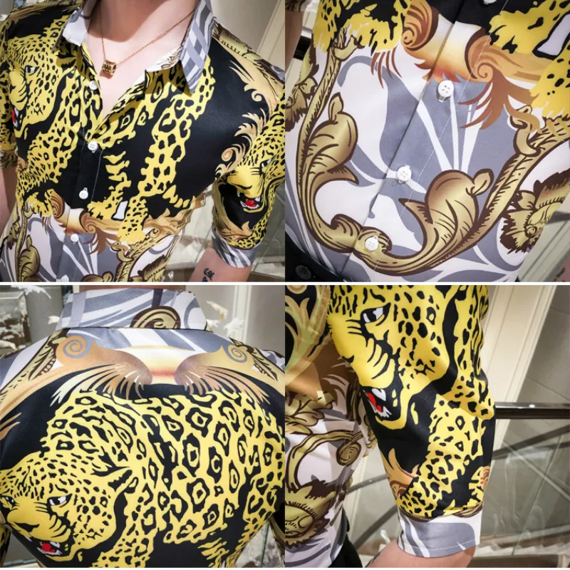 

2020 Summer Men Shirt Golden Leopard Print Short Sleeve Shirts Brand Streetwear Social Dress Shirts Nightclub Party Camisa Homme