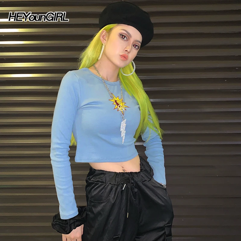 HEYounGIRL Базовая футболка с длинными рукавами Женская Повседневная футболка с вышивкой Harajuku Хлопковая женская неоновая зеленая футболка Женская Осенняя