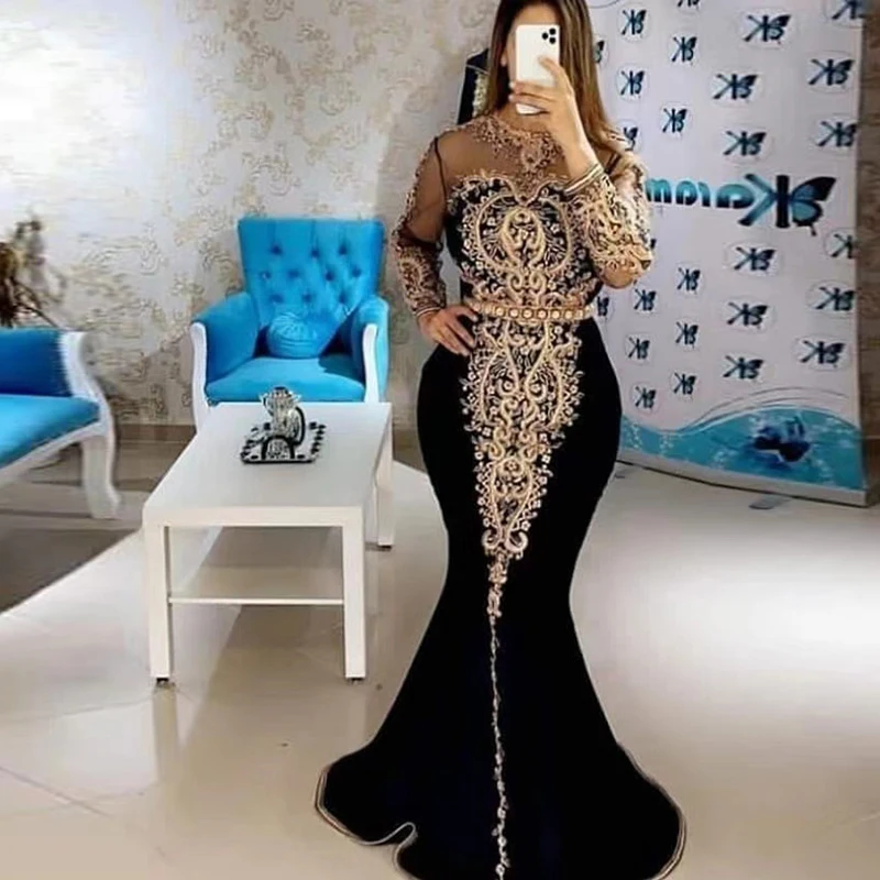 

Black Moroccan Caftan Evening Dress Mermaid Embroidery Appliques Muslim Prom Dresses Kaftan Arabic Party Dress