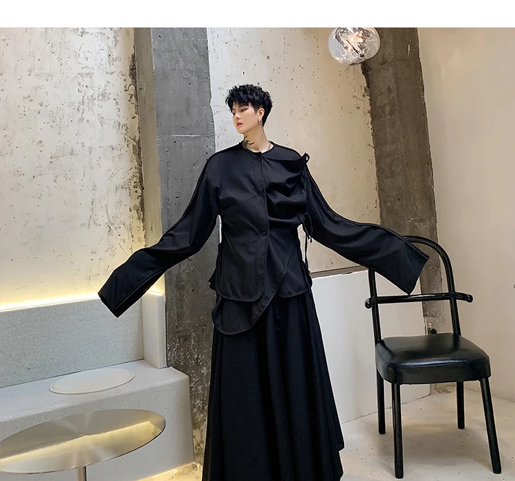 Men Fold Irregular Ribbon Splice Long Sleeve Casual Black Shirt Male Japan Style Streetwear Punk Gothic Shirts Stage Clothing