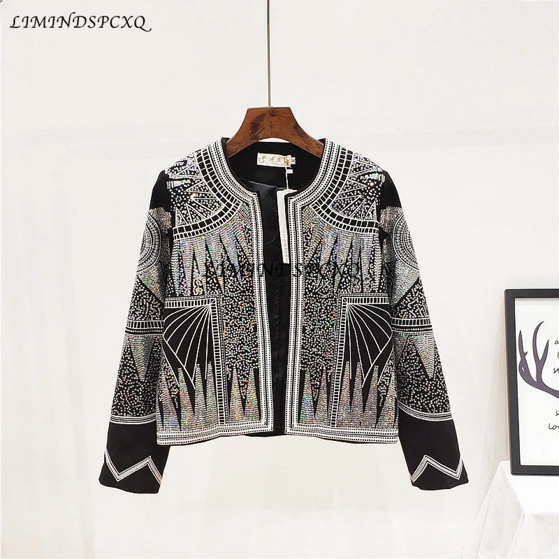 2022 New Spring Autumn Woman Sequins Jacket Round Neck Long Sleeve Chic Fashion Coat Bling Embroidery High Quality Vintage Jacke