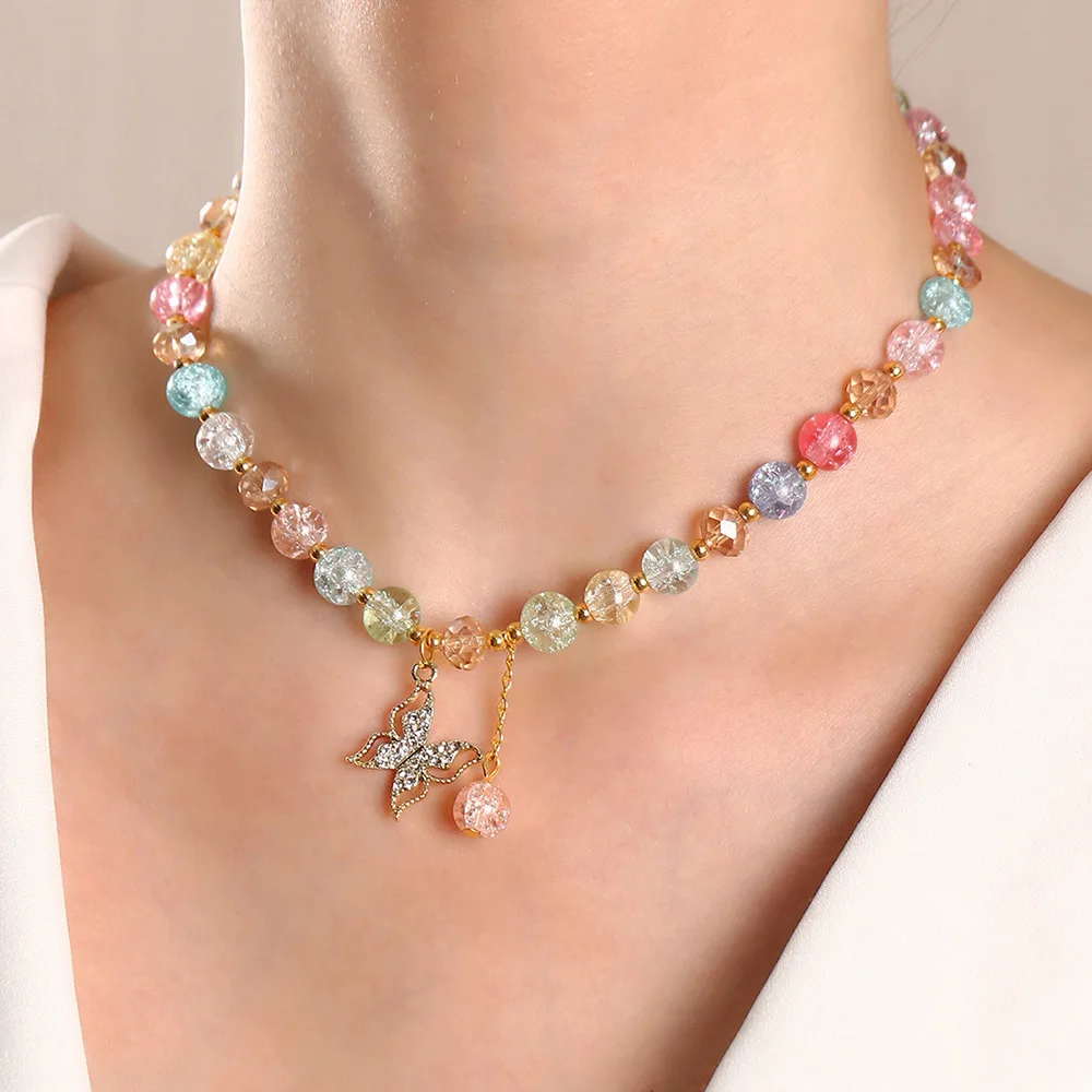 

Girly Cute Butterfly Pendant Necklace For Women Short Colorful Bead Chain Necklaces Fashion Crystal Jewelry Clavicle Choker Gift