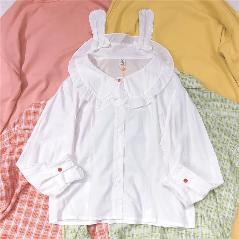 

Japanese Preppy Style White Lolita Blouse Cute Peter Pan Collar Autumn Shirts Soft Girl Sweet Loose Rabbit Ear Blouses Blusas