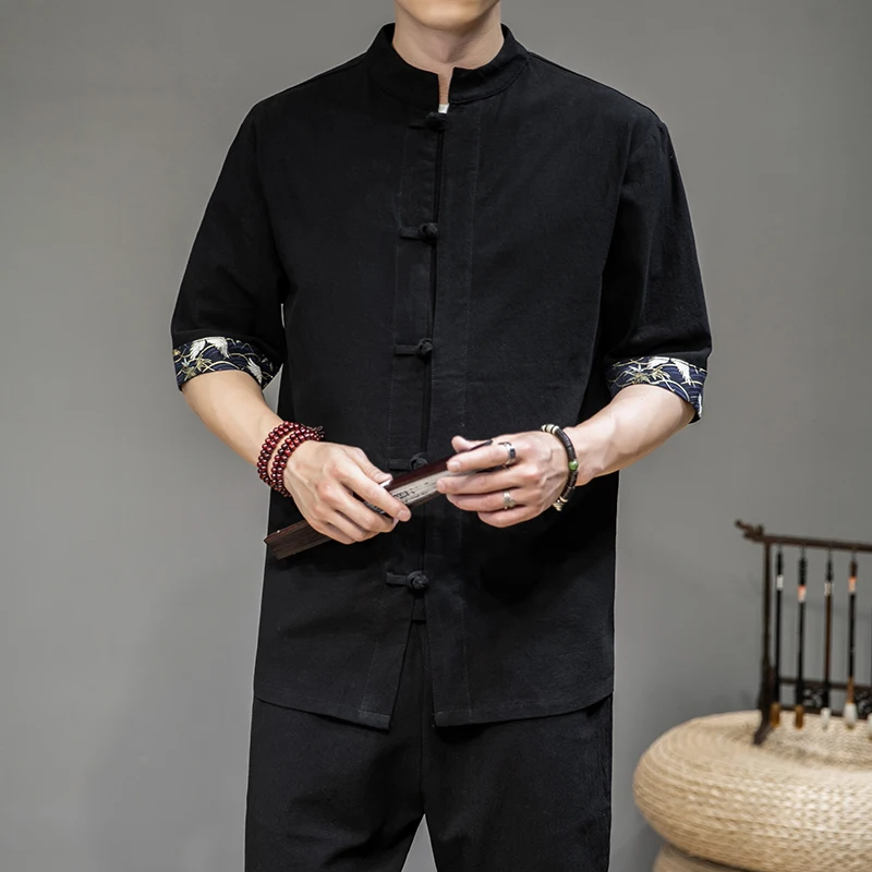 2023 New Men's Summer Half Sleeve Shirt Cotton Linen Casual Breathable Shirts Traditional Chinese Style Solid Male Shirts 5XL