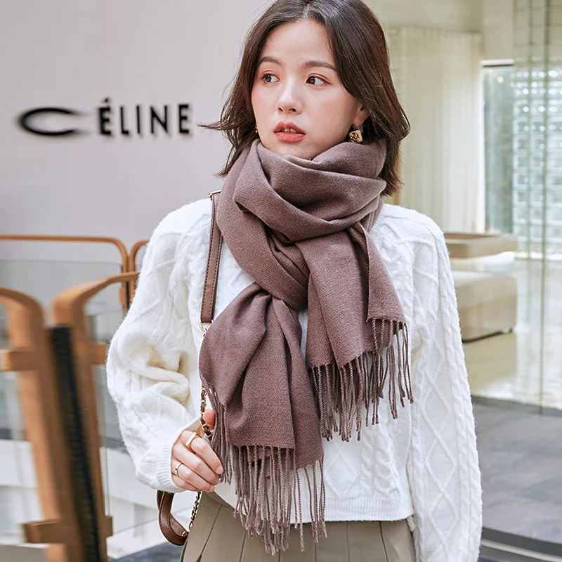 Scarf ladies Korea autumn and winter 2021 new tassel shawl men's scarf monochrome imitation cashmere head cover for women