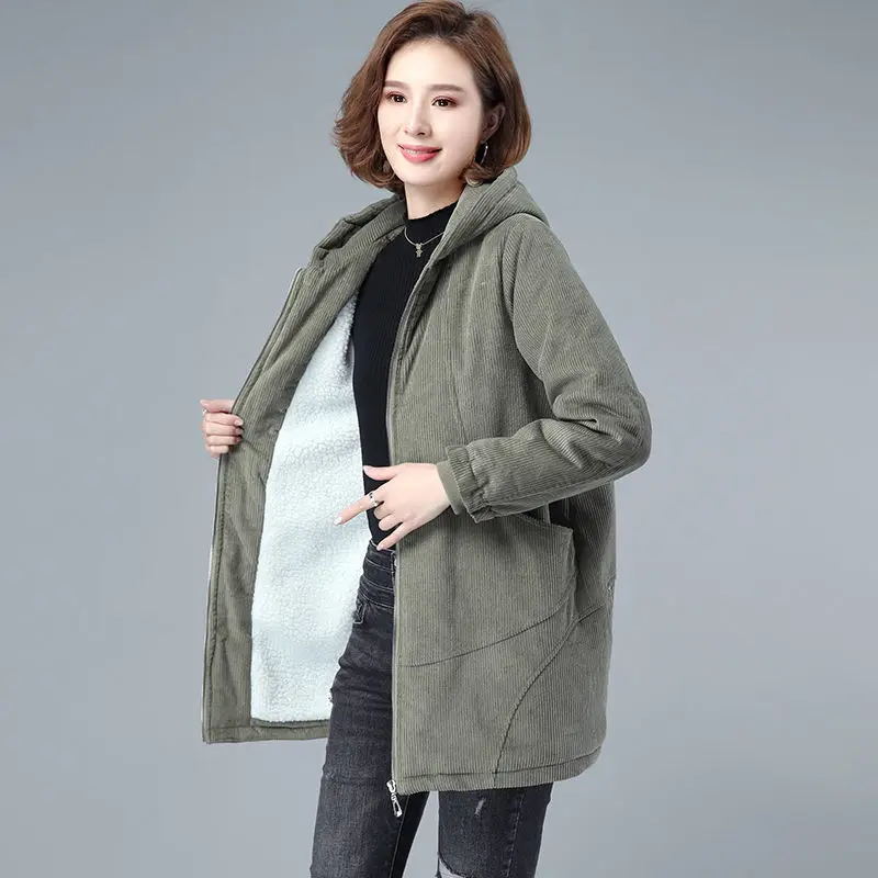 

Women Corduroy Jackets Autumn Winter Solid Color Loose Outerwear Female Casual Middle-aged Mother Hooded Overcoat X254