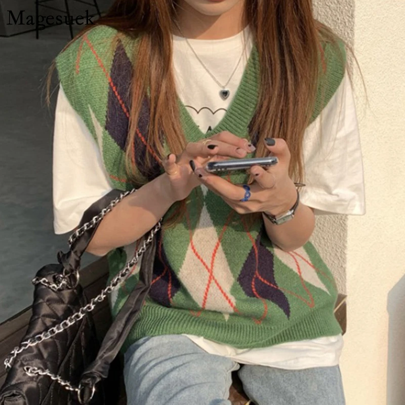 

Модный свитер с узором ромбиками, жилет, женский осенне-зимний винтажный клетчатый вязаный свитер, пуловер в стиле преппи, Свободный вязаны...