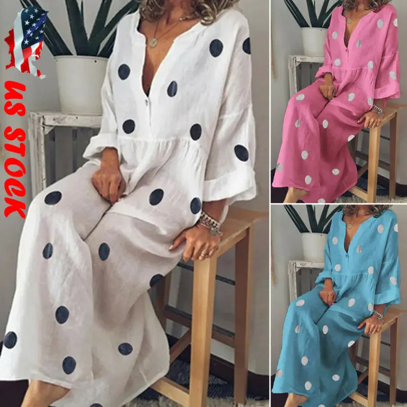 

Goocheer Plus Size Women Summer Dress Polka Dot Loose Long Maxi Dress Casual Long Sleeve Boho Beach Dresses Bohemian Sundress