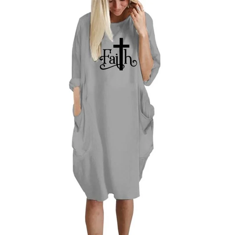 

Spring Summer New Women O-neck Dress FAITH Letters Print Long Sleeve Dress Funny Women Plus Size Fashion Pocket Dress