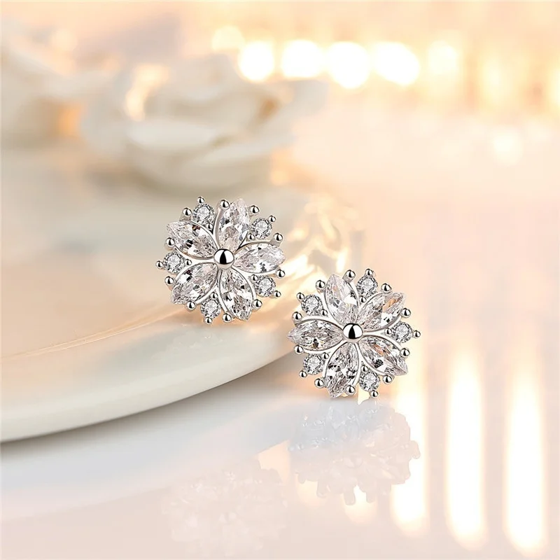 

Luxury Female Pink White Zircon Stone Earrings Crystal Silver Color Wedding Earrings Cute Flower Small Stud Earrings For Women