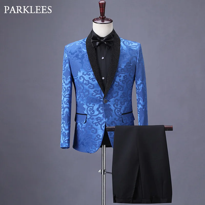 Мужские свадебные костюмы с брюками темно синие цветочным принтом на одной