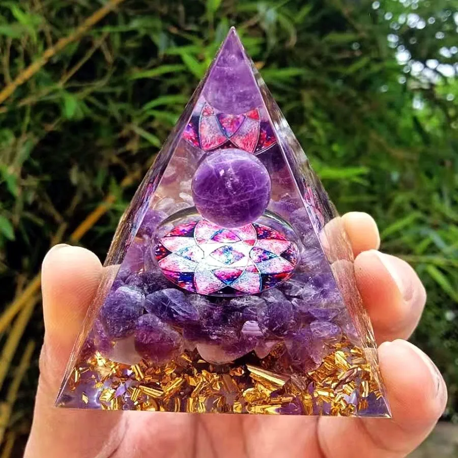

Orgone Pyramid 60mm Amethyst Crystal Sphere With Amethyst Handmade Natural Cristal Stone Orgonite Energy Tower