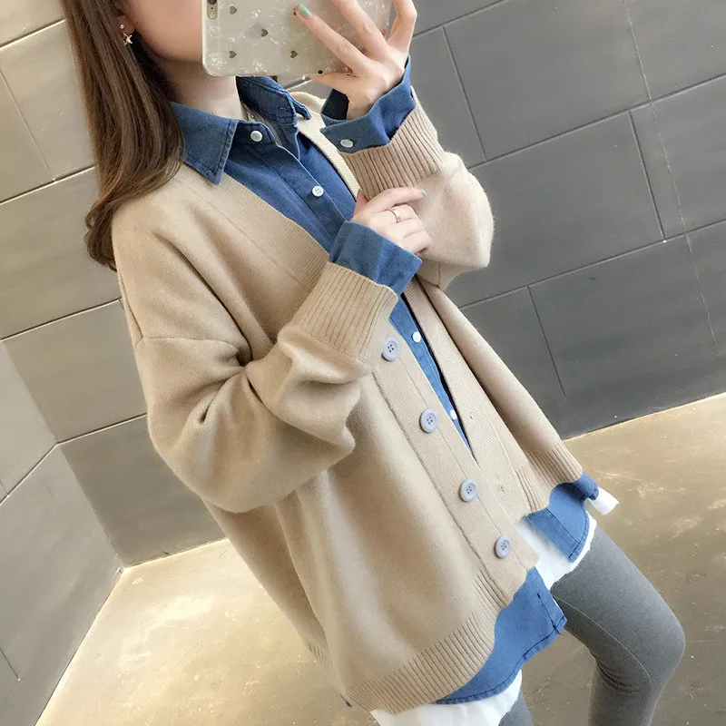 

Women's Knit Sweater 2020 Spring New Denim Stitching Fake Two Piece Knit Cardigan Long Sleeve Single Breasted Knit Jacket A564