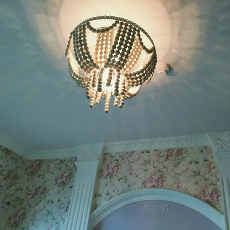 

Nordic style wrought iron living room chandelier restaurant clothing store romantic American wooden beads bedroom lamp
