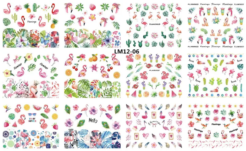 12 Designs Watermark Nail Art Decoration Water Decals Flower Flamingo Bird Rose Sticker Manicure Sliders Adhesive Tip BN913-924