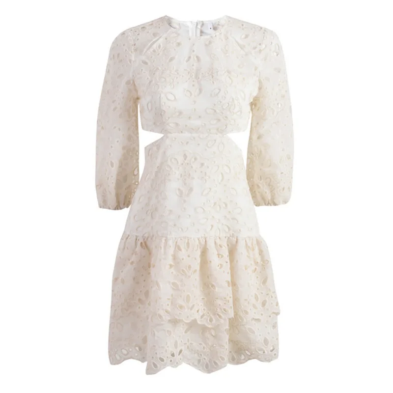 

DEAT 2021 New Women's Fashion Sexy Round Neck Puff Sleeve Patchwork Hole Lace Chiffon High Waist Dress Summer And Autumn 7E848