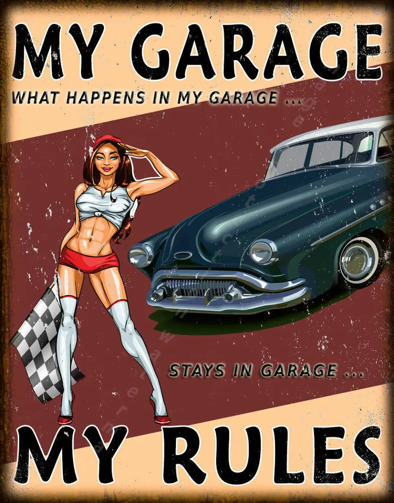 

GARAGE RULES PIN UP GIRL METAL TIN SIGN POSTER WALL PLAQUE