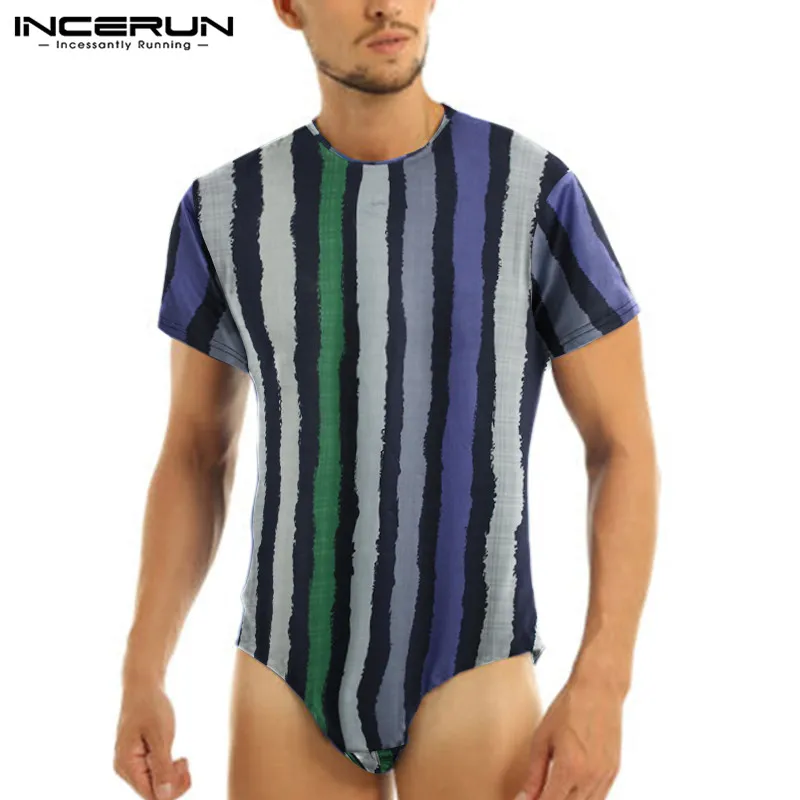 Men Striped Bodysuit T Shirts INCERUN Leisure Colorful Streak Rompers Tee Tops Man Shorts Sleeve Round Neck Loose Camisetas 5XL