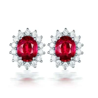 fashion stud earrings 925 silver jewelry for women oval shape ruby zircon gemstones earring wedding promise party gift ornaments