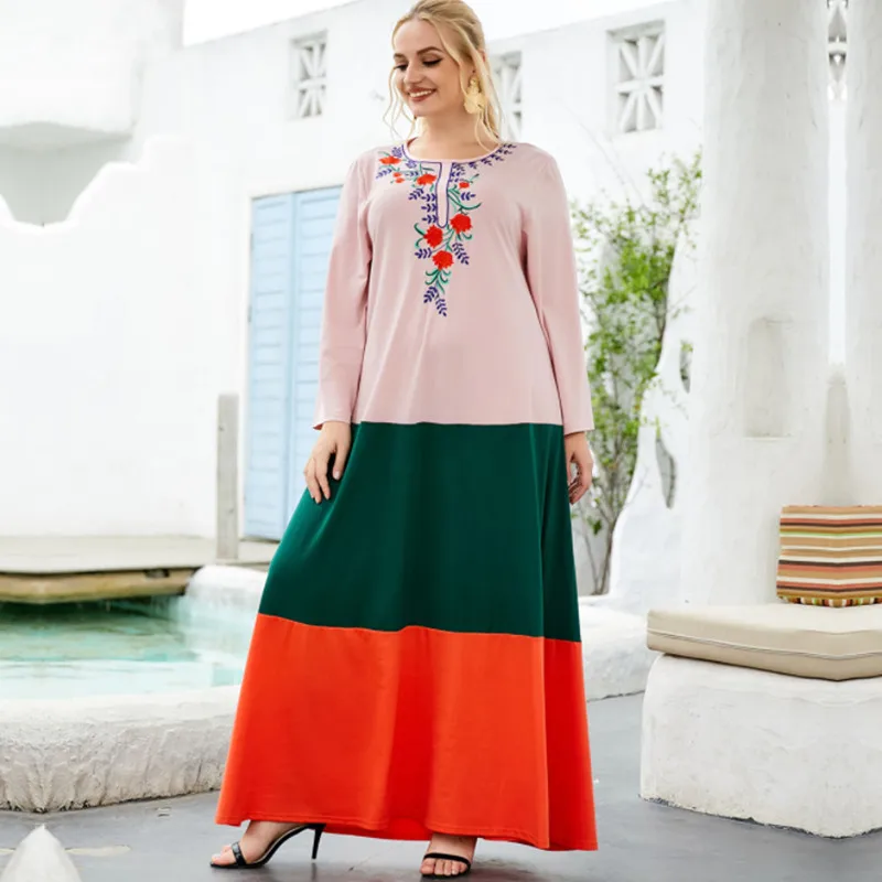 

Autumn Casual Long Sleeve Dress Fashion Women's contrast color stitching embroidery Muslim Plus Size Dresses