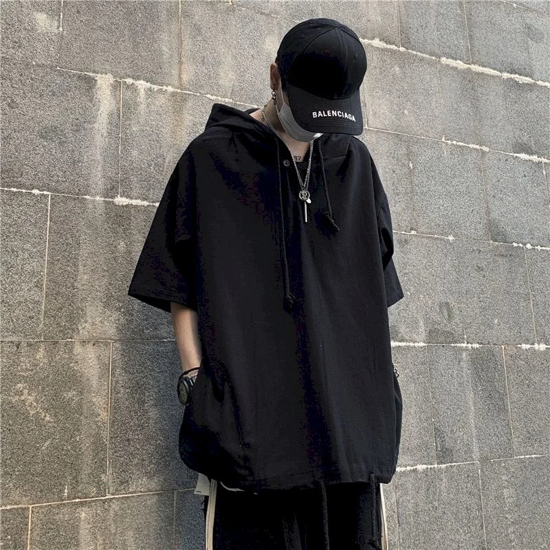 

Solid Black Harajuku Man Hoodies Short Sleeve Sweatshirt Backwoods Summer 2021 New Fashion Couple Clothes Hooded Streetwear