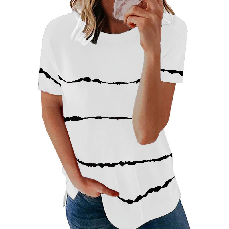 

SIDDONS Short-sleeved T-shirt For Girls Women's Striped Pattern Loose Round Neck Ladies Top T-shirts Female Summer 2021