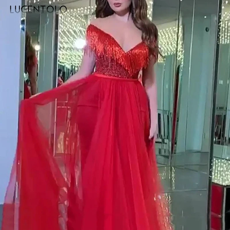 

Party Dress Dinner Off The Shoulder Sexy Red Dresses Tassel Slim Mesh Big Swing Chiffon V-neck Women's Long Dress Lugentolo