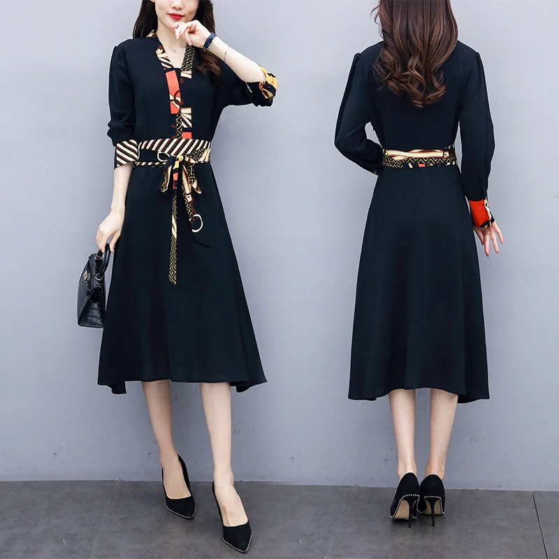 Новинка весны 2020 женское черное платье большого размера с длинным рукавом