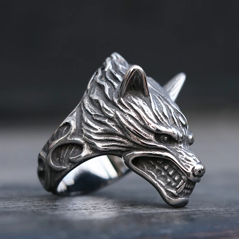 Cool 316L Stainless Steel Viking Wolf Ring Men's Biker Wolf Head Animal Ring Nordic Amulet Jewelry Drop Shipping Size 7-13