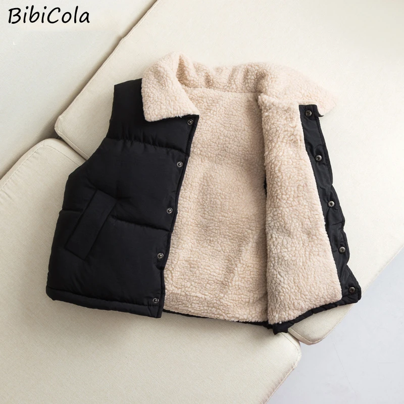 

Autumn Winter Toddlers Boy Baby Girl Wool Lamb Lapel Collar Vest Solid Color Snap Button Cardigan Coat