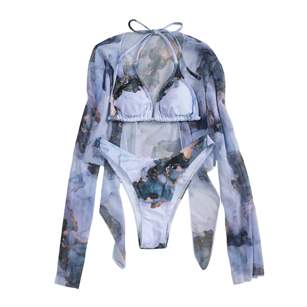 Купальник-бикини пуш-ап женский с принтом мрамора и длинным рукавом |