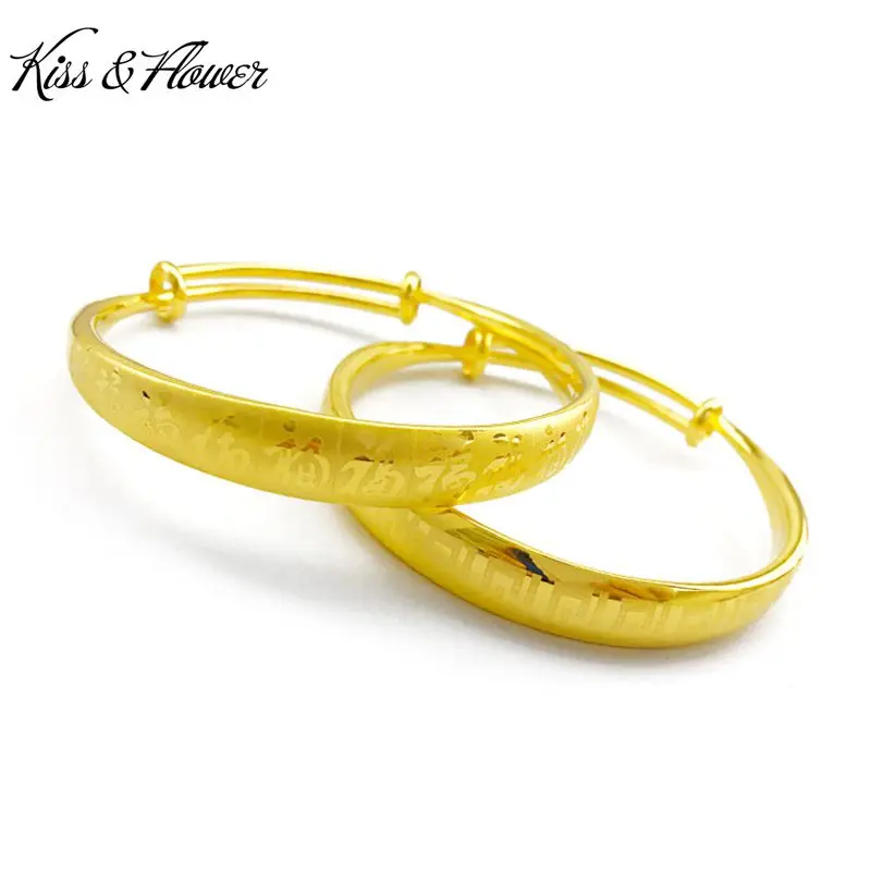 

KISS&FLOWER BR77 Fine Jewelry Wholesale Fashion Woman Birthday Wedding Gift Printing Round 24KT Gold Resizable Bracelet Bangle