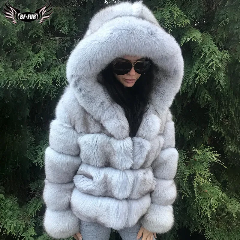 Luxury Thick Warm Real Fox Fur Coat Hooded For Women Whole skin Geunine Blue Fox Fur Jackets Female Winter Fashion Overcoat 2022