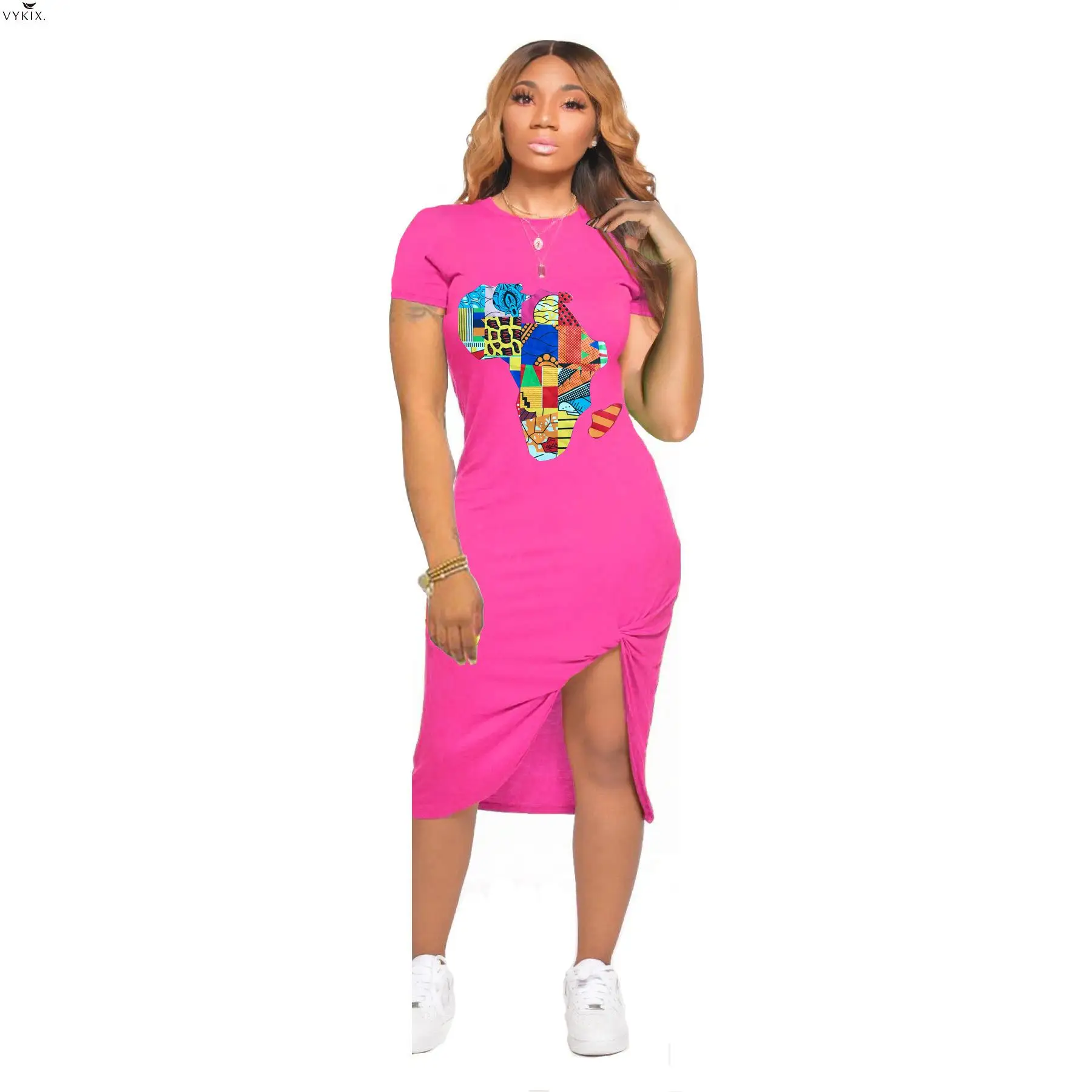 

2020 Korean Style New Women Summer O-neck Short Sleeve Cartoon Print Stacked Tie Up Split Bodycon Midi Dress Fashion Tee Dresses