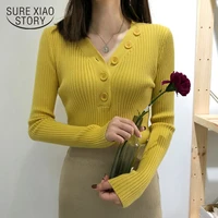 autumn and winter new korean long sleeve pullover v neck knitted sweater slim gentle knitwear with button women pull femme 10807
