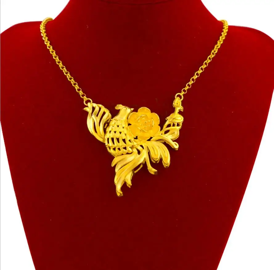 

Long not fade phoenix 24K Gold peacock Pendant Necklace for Girlfriend Women Wedding Engagement Jewelry with Chain Choker Gift