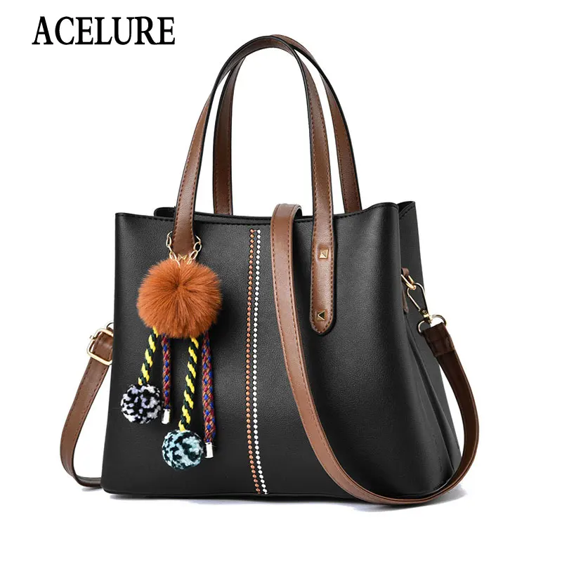 

ACELURE Fur Ball Pendant High Capacity Casual Totes for Women Fashion Shoulder Bags Female Soft PU Leather Messenger Bags Tote