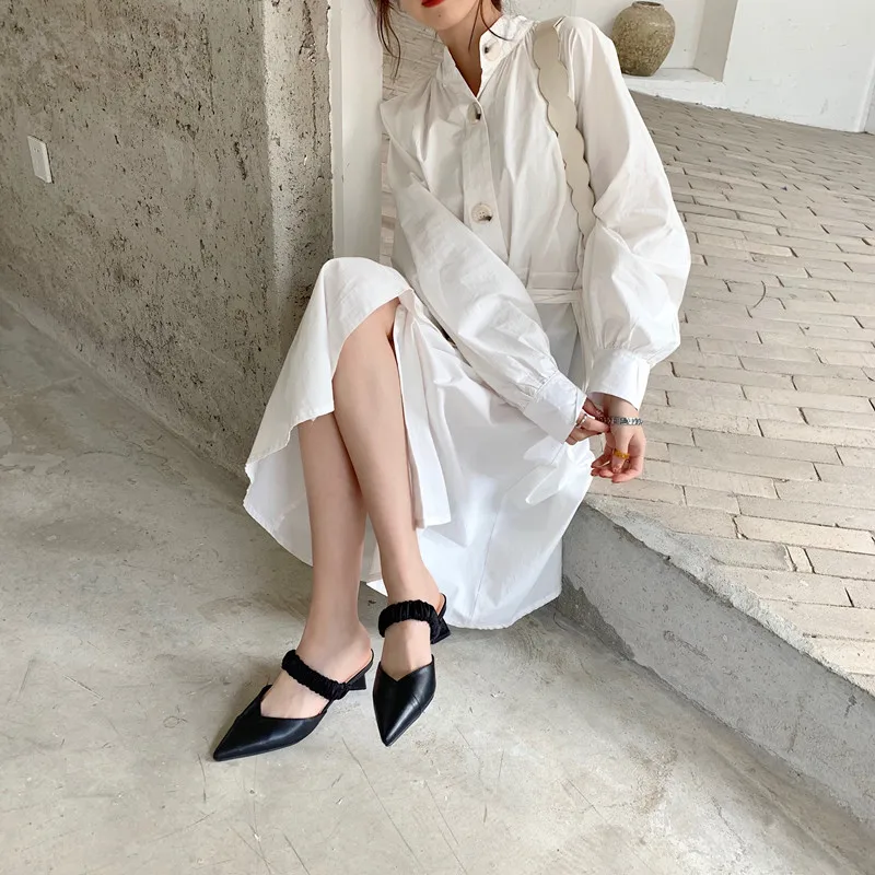 

Fashion Women Sandals Slides Pointed Toe Hollow Casual Summer Fashion Flip Flops Slip On Thick Mid Heels Black/White Sandals