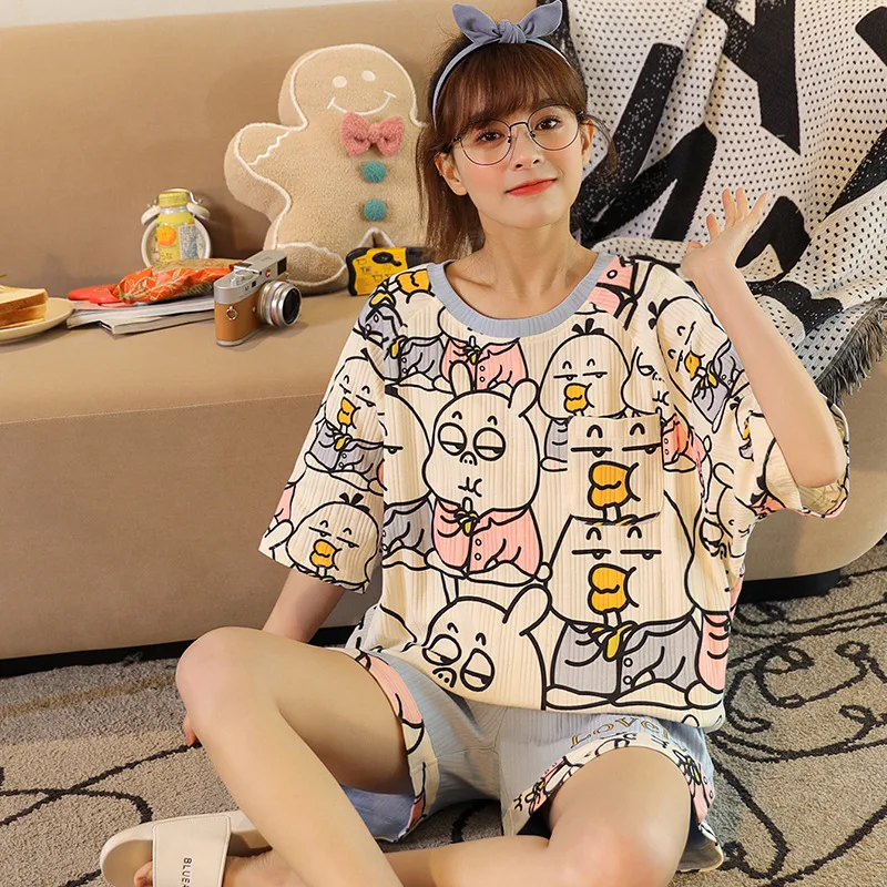 

2021 Summer Women Pajamas Set Lovely Rabbit Print Cotton Nightwear Sweet Home Wear Elastic Waist Loose Casual Girls Sleepwear