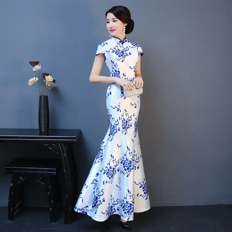 Элегантное женское атласное платье Чонсам с цветочным принтом улучшенное тонкое