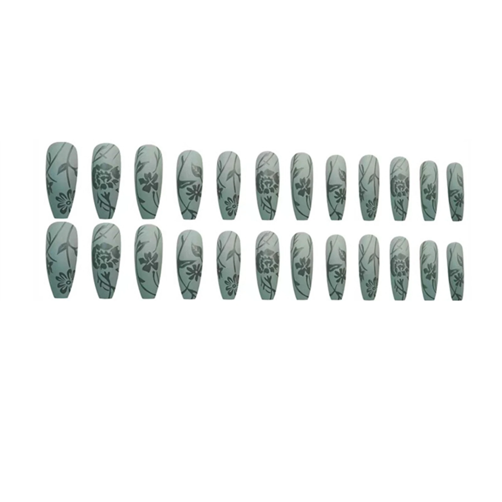 

24pcs Green Floral Nail Extension Patch False Nail Set Waterproof Nail Art Supplies EY669