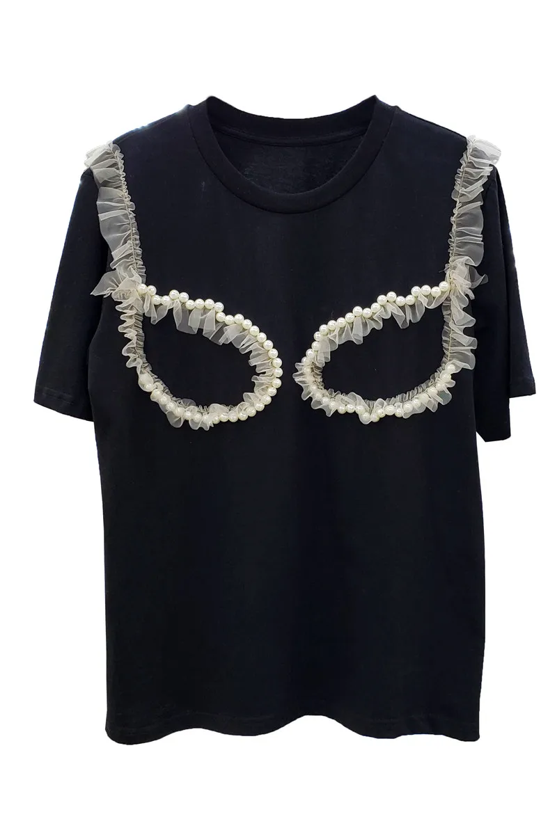 

2021Summer New Fashion All-Matching Three-Dimensional Pearls Mesh Stitching Tee Elegant Short-Sleeved Black T-shirt for Women