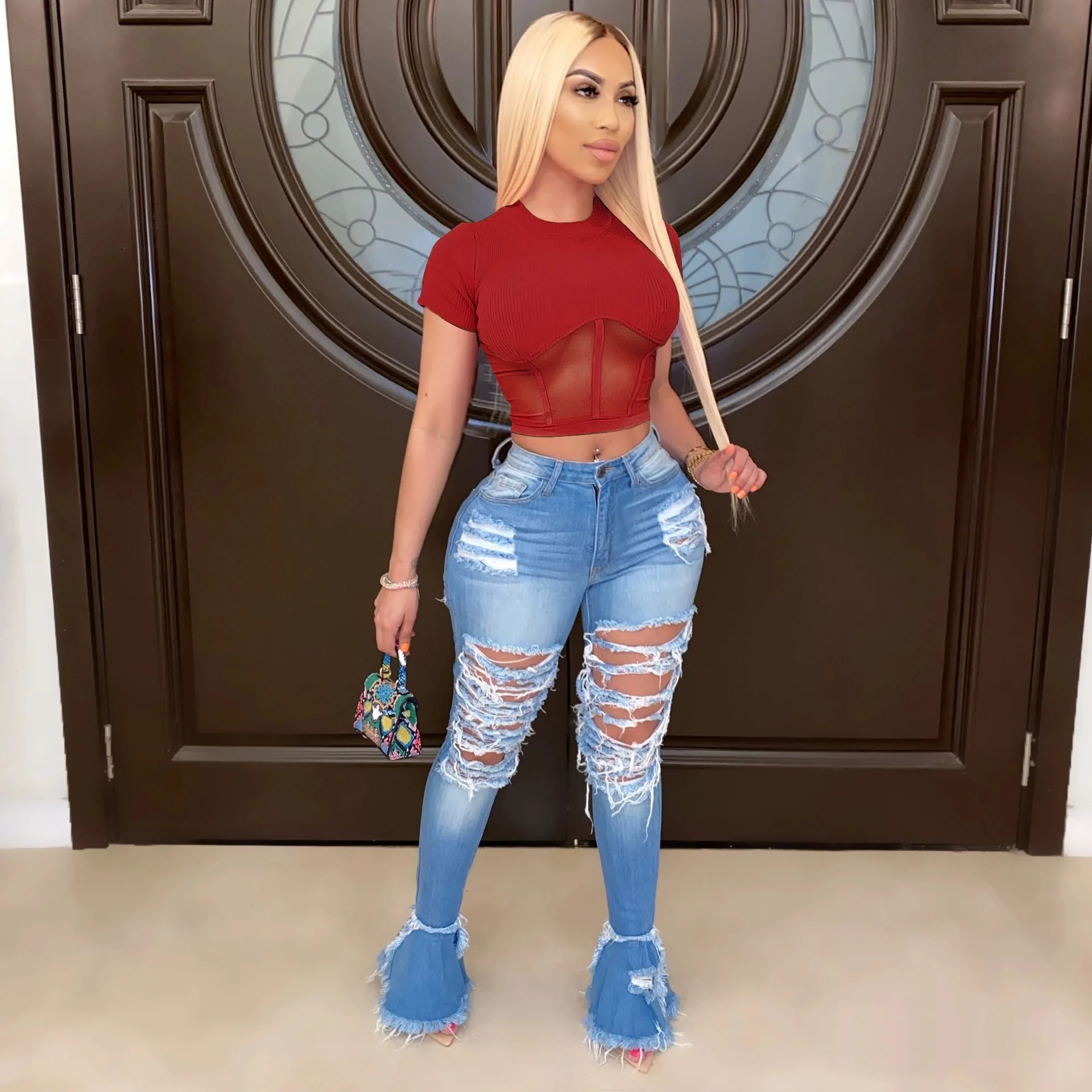 ANJAMANOR Ribbed Mesh Spliced Sexy Shirts for Women Clothing 2020 Summer Short Sleeve Slim Sheer Crop Top T Shirt D48-BF12 | Женская