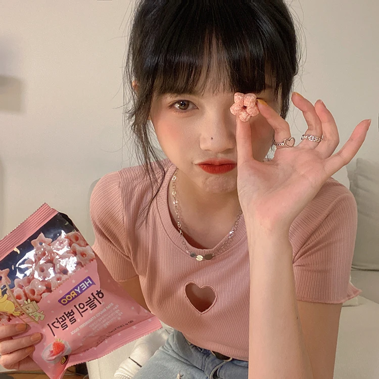 

New Summer College Style Women T-shirt Sexy Pure Color Hollow-out Love Tee Shirt Female Elastic Slim Crop Tops Mujer