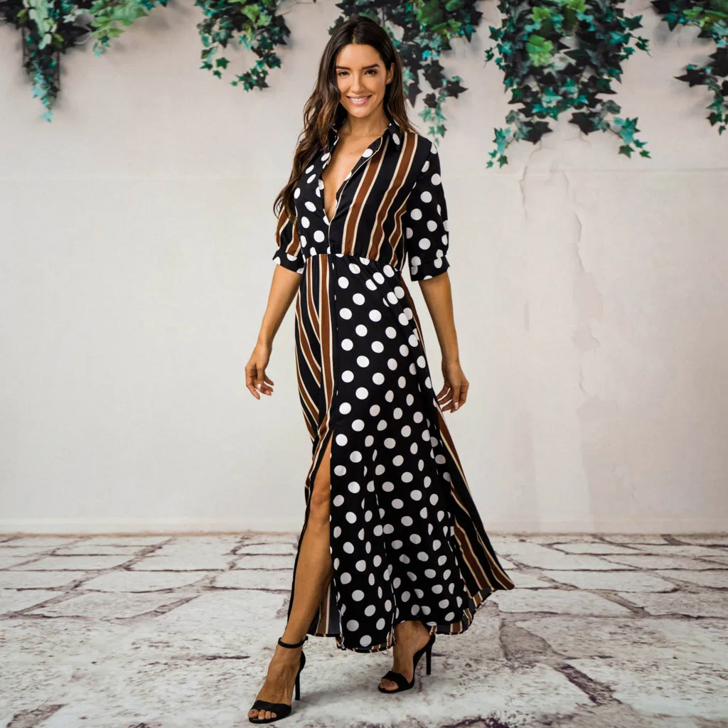 Женское длинное платье в горошек CHAMSGEND повседневное шифоновое Бохо с коротким