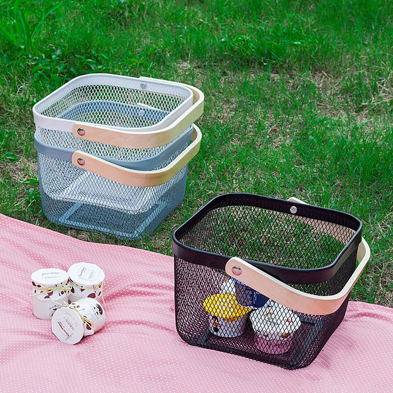 

Металлическая деревянная ручка переносная корзина для хранения фруктов, овощей, корзина большой емкости, сетчатый сливной органайзер, корз...