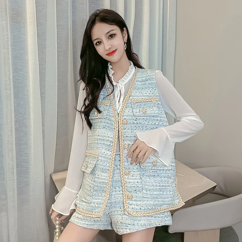 Женский элегантный твидовый комплект из 3 предметов блузка жилет и шорты осень 2019